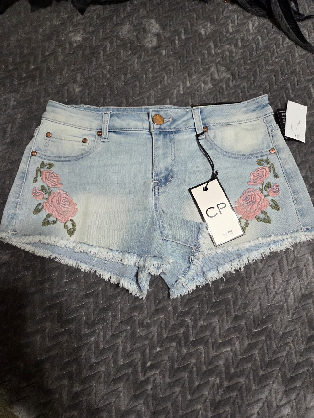 CP Light Blue Denim Shorts with Pink Rose Embroidery